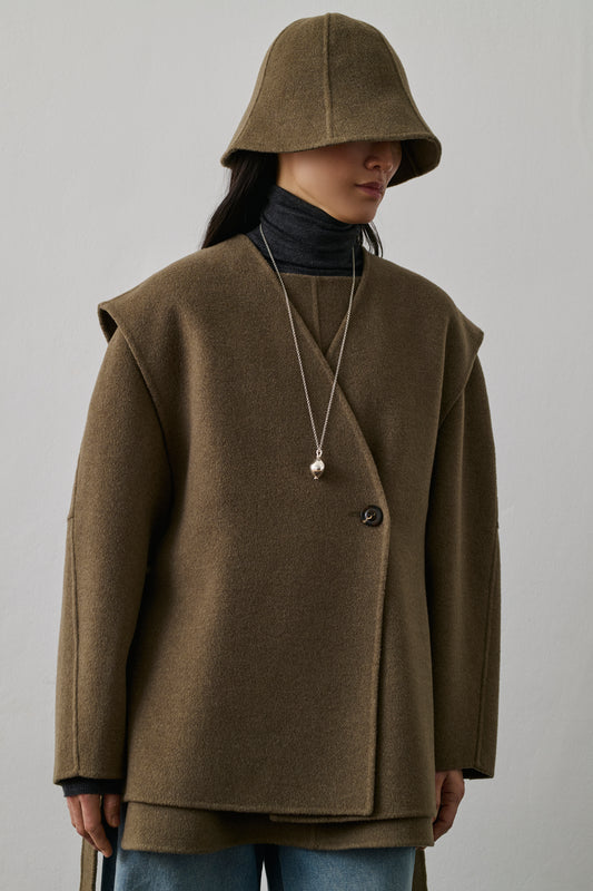 Umbrella Hat - Beige/Grey - Wool - Women